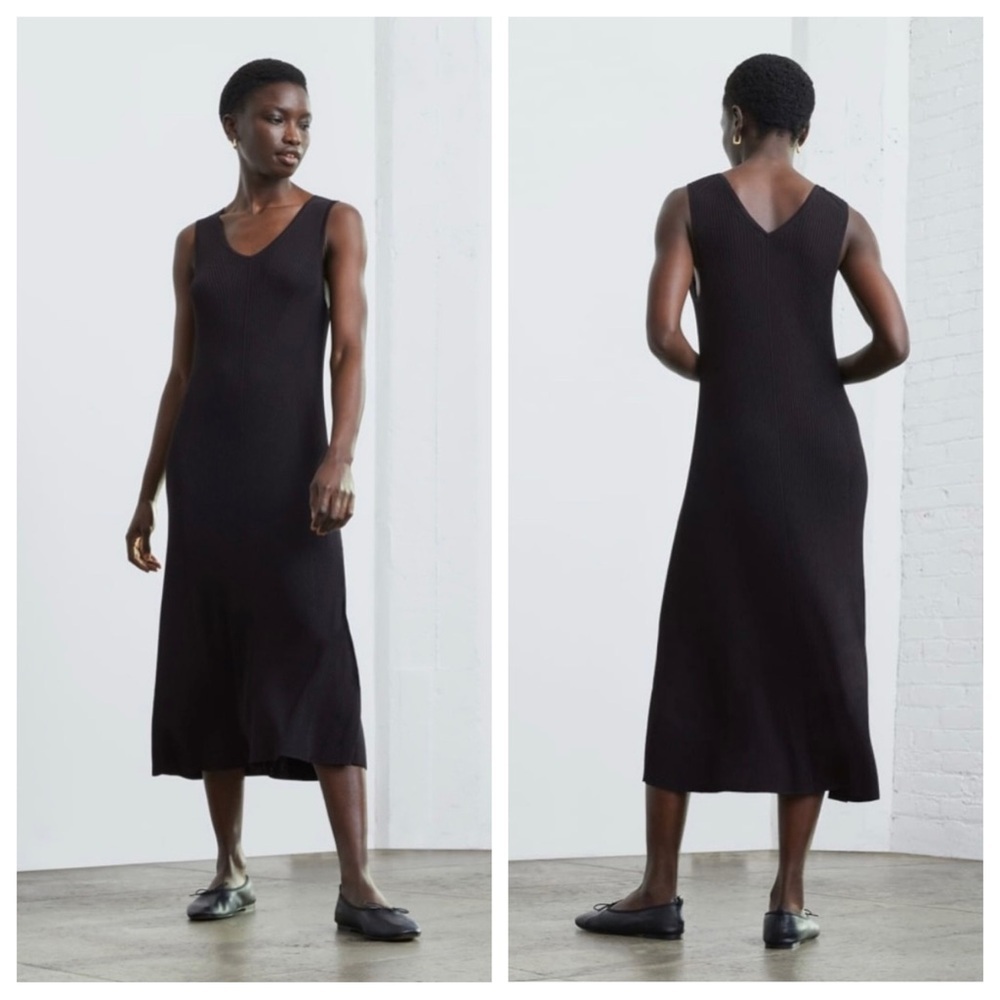 Everlane The Ribbed Midi Dress Sleeveless Fitted Bodice Knit Black Elegant